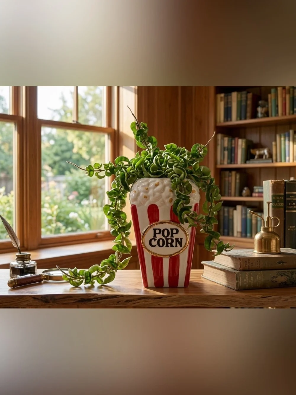 Ceramic Popcorn Bucket Planter, Vintage Style Movie Night Vase